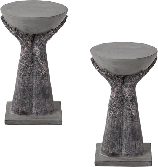 COSIEST Set of 2 Outdoor Side Table, Two Hands-Shaped Base w Round Top Accent Table, Lightweight Plant Stand, Concrete Finish