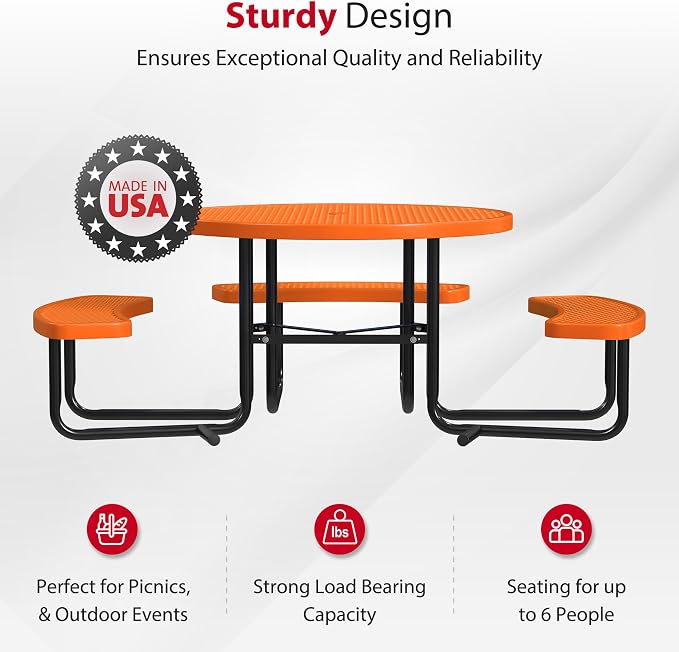 Leisure Craft Metal Picnic Table with Bench - 46" Round Outdoor Dining Table with Umbrella Hole, Heavy Duty Thermoplastic Coating, ADA Compliant, Commercial Grade Furniture Made in USA - Orange
