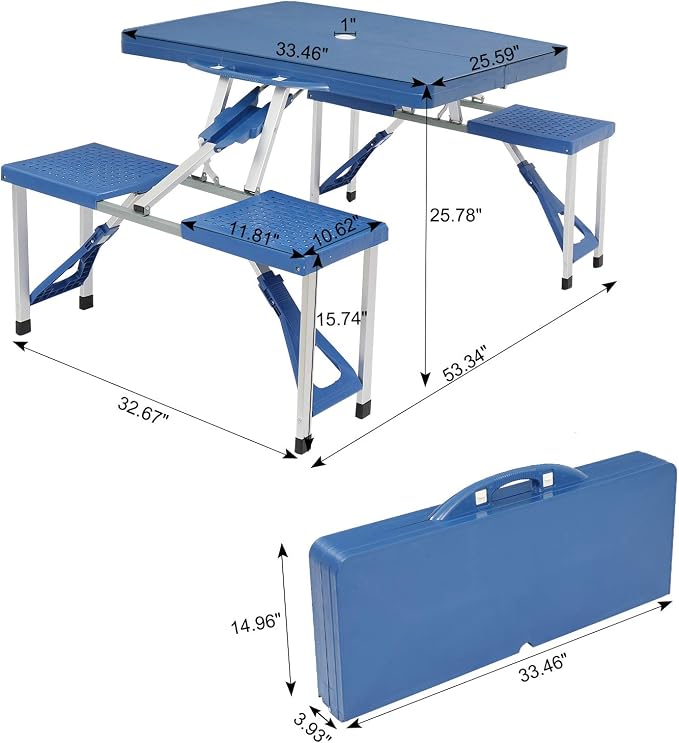Portable Foldable Camping Picnic Table Set with Four Chairs and Umbrella Hole, 4-Seats Aluminum Fold Up Travel Picnic Table for Indoor, Outdoor Travel, Patio, Lawn, Garden