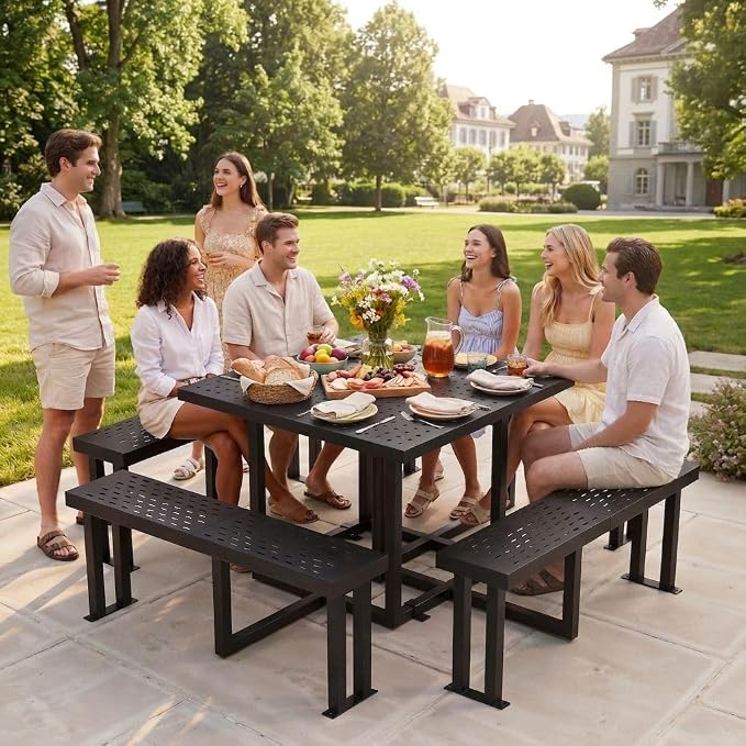DWVO 38" Square Metal Picnic Table with Umbrella Hole - Heavy Duty Q235 Carbon Steel Outdoor Table Set for Patio, Backyard, and Lawn - Industrial Steel Construction