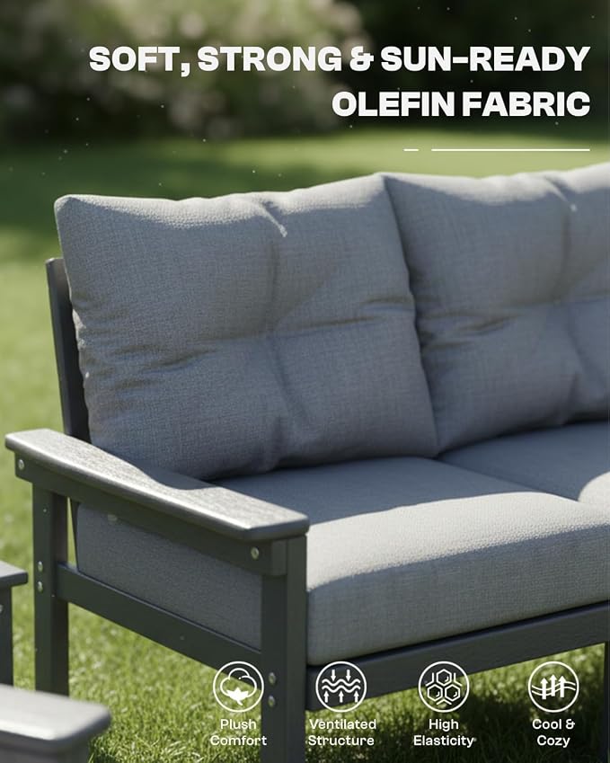 Grey HDPE Outdoor Patio Furniture Set, 10-Piece Patio Conversation Sets with Coffee Table & Washable Thick Cushions, Outdoor Sofa for Garden, Balcony, Porch, Yard, Lawn, Poolside
