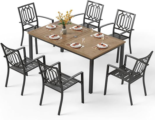 PHI VILLA 7 Pcs Outdoor Dining Set, 65" Wood-Like Table w/Umbrella Hole | Wood-Like Steel Table&Stackable Iron Chairs, Heavy-Duty Outside Furniture w/ Umbrella Hole for Patio, Deck, Yard, Porch