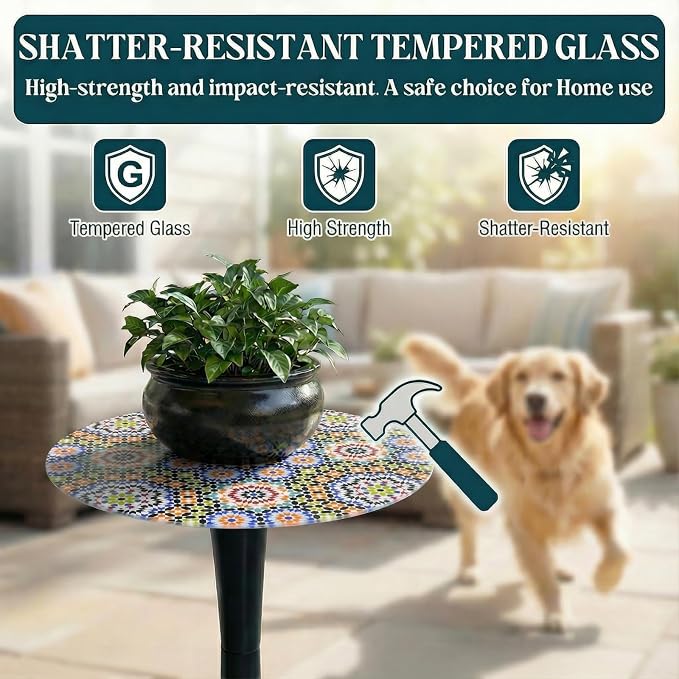 13.4" Outdoor Side Table, Round Patio Bistro Table Printed Tempered Glass Top, Waterproof Rust-Proof Base, Small Plant Stand for Balcony, Garden, Deck, 21.6" H (Morocco)