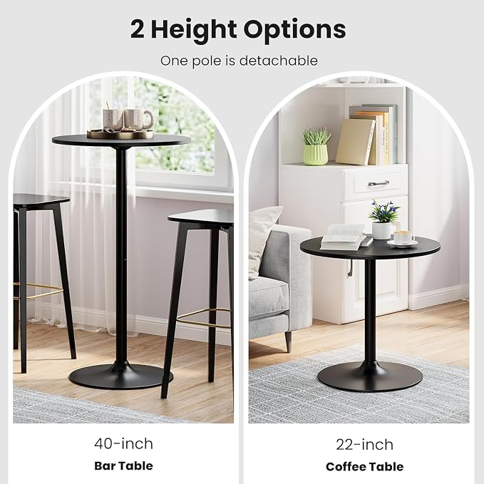 ERGOMASTER Two-in-one Adjustable Height Bar Tables, 24-inch Round Cocktail Table with Sturdy Metal Base, 40"/22" Two Convertible Height High Top Pub Table for Home Bar, Restaurant Bistro (2, Black)