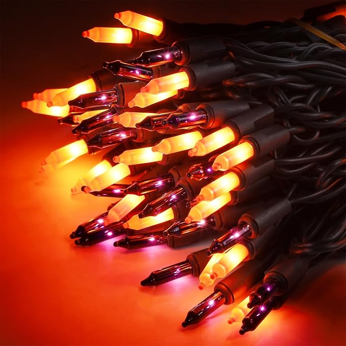 LJLNION Halloween Lights, 29ft 150 Count Black Wire Fairy Mini Lights, 120V UL Certified Incandescent Light String, Connectable for Garden Patio Holiday Party Outdoor Decor, Orange & Purple