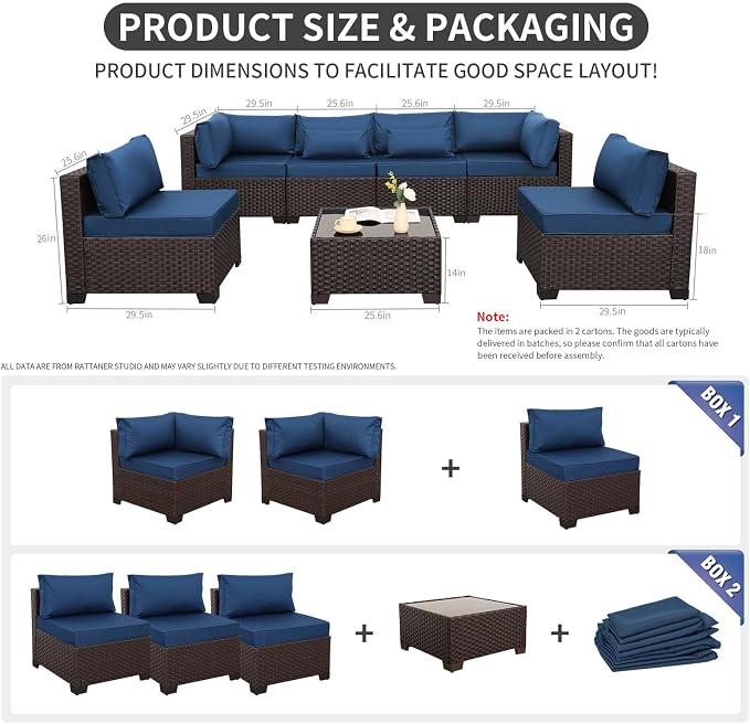 Rattaner Outdoor Sectional Sofa Set 7 Pieces Wicker Patio Furniture Couch Glass Table with Non-Slip Cushions Furniture Cover, Navy Blue