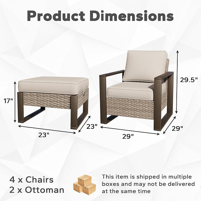 Joyside Outdoor Patio Chairs, 6 Pieces Wicker Rattan Furniture Set, 4 Patio Chairs and 2 Ottoman, Metal Wide Armrest, Thick Cushions and Deep Seating for Garden, Backyard, Porch, Deck