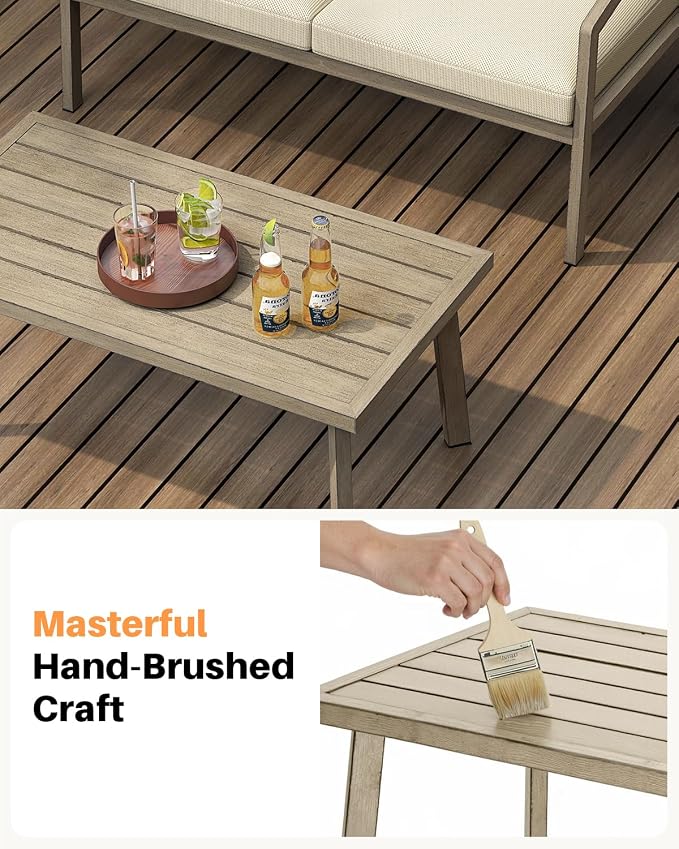 Patio Coffee Table, Never-Rust Aluminum Outdoor Coffee Table with Wood Grain Texture, Modern Rectangle Garden Coffee Table with Slatted Tabletop for Poolside, Decks, Indoor, Balcony, Gray Oak
