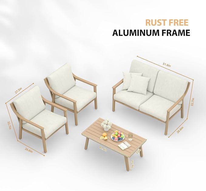 HAPPATIO 4-Piece Patio Furniture Set - Outdoor Aluminum Patio Conversation Set Includes 1 Loveseat, 2 Armchairs, and 1 Coffee Table, Perfect for Porch, Deck, Garden, (Beige)