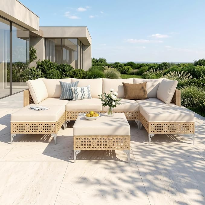 PHI VILLA Wicker Patio Furniture Set, Rattan Patio Sectional Sofa Sets, Boho Outdoor Modular Couch Sets with Ottomans for Backyard, Porch(7 Pieces, Beige Cushion)