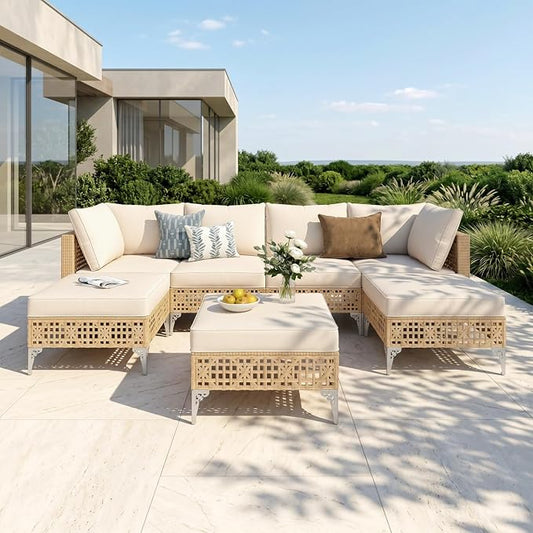 PHI VILLA Wicker Patio Furniture Set, Rattan Patio Sectional Sofa Sets, Boho Outdoor Modular Couch Sets with Ottomans for Backyard, Porch(7 Pieces, Beige Cushion)
