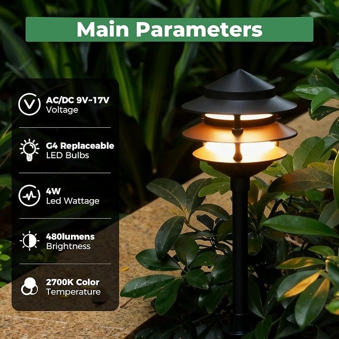 Pagoda Low Voltage Landscape Pathway Lights, 12V Outdoor LED Path Lights Wired, Aluminum Walkway Lighting with 4W 2700K Replaceable G4 Bulb, Classic 3-Tier Lantern, 12 Pack
