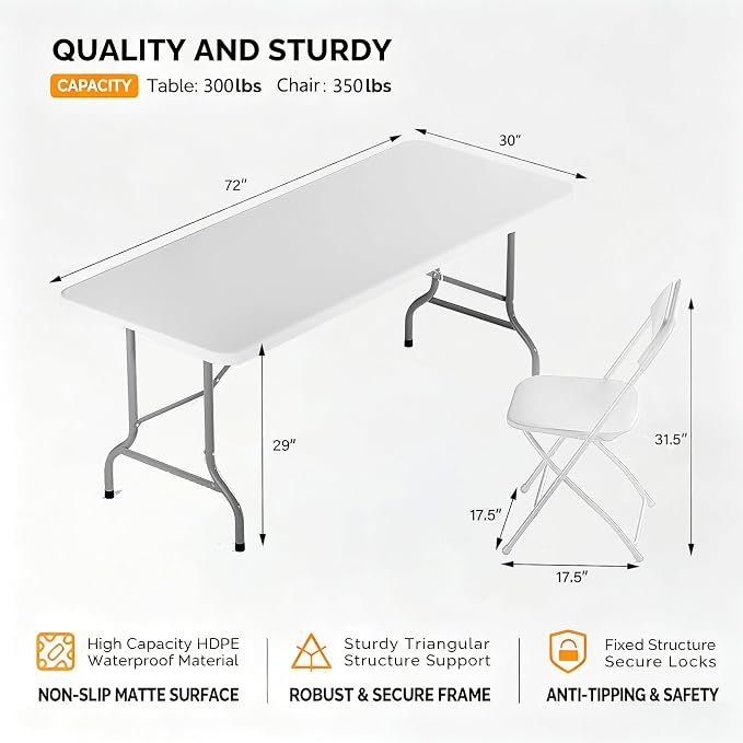 6FT Plastic Folding Table Set with 6 White Folding Chairs, Portable Heavy Duty Table and Chair Set for Picnic, Party, Training, Wedding, Outdoor Activities, Home & Commercial Use