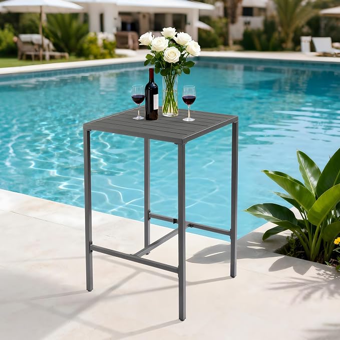 VINGLI 27 Inch Outdoor Bar Table, All-Weather Aluminum Patio Balcony Pub Table for Pool, Blacony, Yard (Gray)