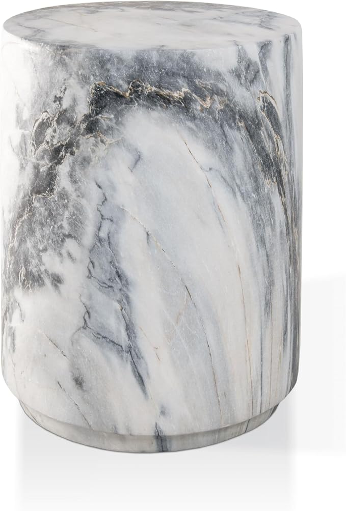 24/7 Shop at Home Ranera Modern 14-inch Natural Stone Side Table with Round Drum Base, Marble Nightstand, Patio End Table, for Living Room, Covered Outdoor Spaces, Balcony, Blue Gray Marble