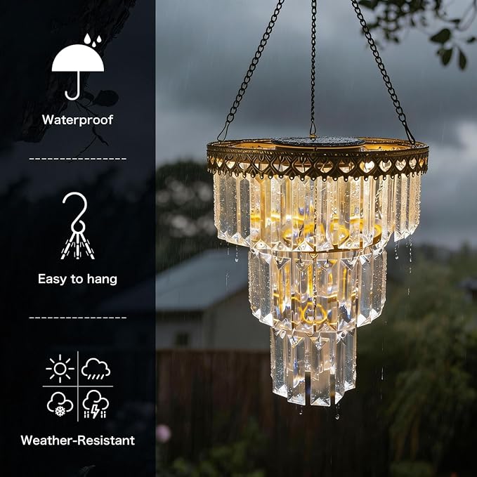Solar Hanging Crystal Chandelier Vintage Outdoor Garden Decor Light | Waterproof metal frame with warm white LED and powerful battery elegant illumination to patio, gazebo, party, tree, wedding