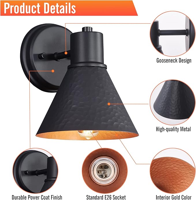 2 Pack Outdoor Wall Sconces - Wall Lights Fixture Exterior Farmhouse Porch Light with Hammered Metal Shade, Anti-Rust Waterproof Black Outside Barn Light for Front Porch Patio Garage Gazebo House