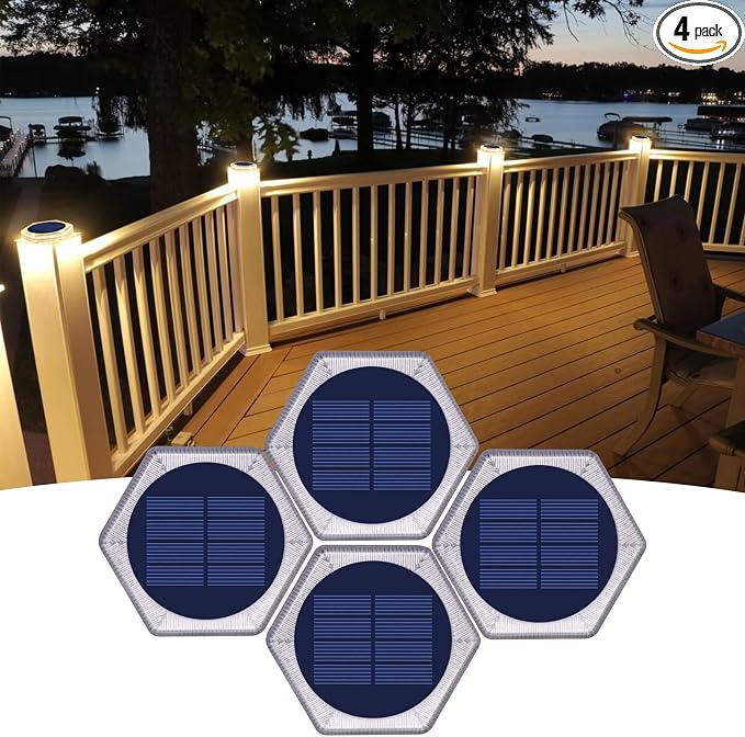 YiLaie Solar Dock Deck Step Lights for Outside Stick on Solar Powered Outdoor Waterproof Driveway Solar Lights for Stairs Flat Post Patio Boat Concrete Pathway Walkway Auto ON/Off (4 Pack)