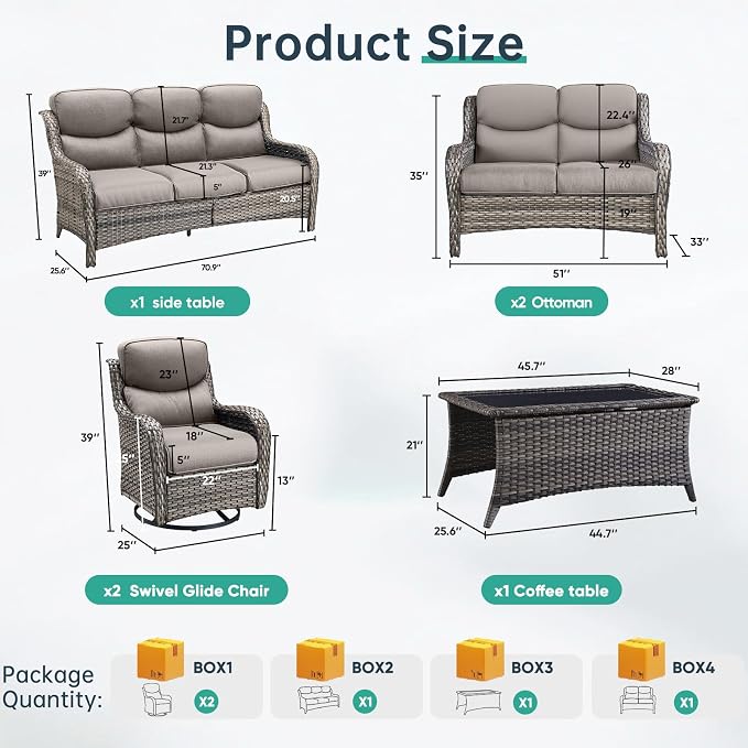 Outdoor Swivel Rocker Patio Chairs Set of 5 with Loveseat - 5" Thick Cushion 5 Piece Furniture Set with Sofa All Weather Wicker Conversation Set for Porch Deck - Grey Wicker | Grey Cushions