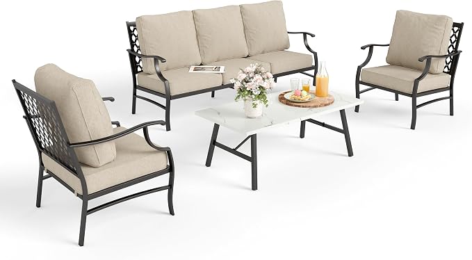 MIXPATIO Patio Furniture Set 4 pcs, Metal Outdoor Patio Furniture, 3-Seat Sofa, 2 Single Chairs, Metal Coffee Table and 5.75" Extra Thick Cushion, Patio Conversation Set,Beige