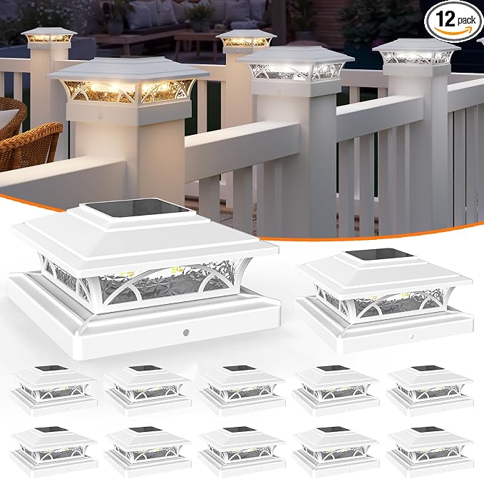 APONUO Solar Post Cap Lights 12 Pack - 4x4 5x5 6x6 Fence Post Lights, Auto On/Off, Waterproof IP64, 2-Mode (Warm/Cool White), Deck Patio Yard Solar Light for Wood & Vinyl Posts, White