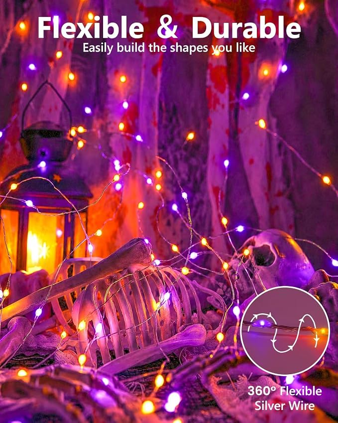 4Pack 60LED Fairy Lights Battery Operated Orange and Purple Halloween Decor | 20 FT, Halloween Lights with Timer, Cuttable Copper Wire, Waterproof Battery String Lights for Indoor Outdoor, Bedroom, Home