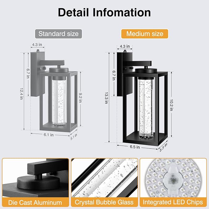 VIANIS Large Exterior Lighting Fixtures Wall Mount for House, Modern Black Dusk to Dawn Built-in LED Outdoor Garage Lights, Anti-Rust Outdoor Sconce Lights for Porch, Patio with Crystal Bubble Glass