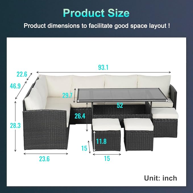 Outdoor Dining Sets 7 Pieces Patio Dining Table Set 9 Seats Rattan Outdoor Furniture Set with Glass Dining Table Sectional Sofas Ottoman Cushions for Patio Backyard Poolside Outdoor, Khaki
