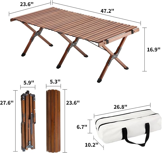 UNICOO –Bamboo Roll Up Picnic Table, Portable Camping Table W/Carry Bag, Low Height Foldable BBQ Top for Indoor & Outdoor Party, BBQ and Hiking (Antique Brown, 4 FT)