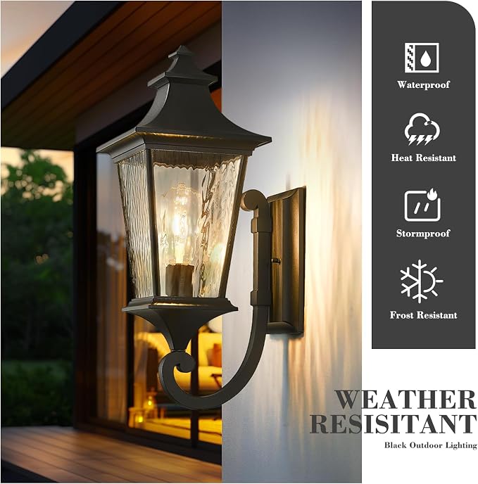 Emliviar 21.1 Inch Farmhouse Outdoor Wall Sconce,1 Light Exterior Wall Lighting in Black Finish Frame, Water Ripple Glass Shade, XE292UB-M SW BK