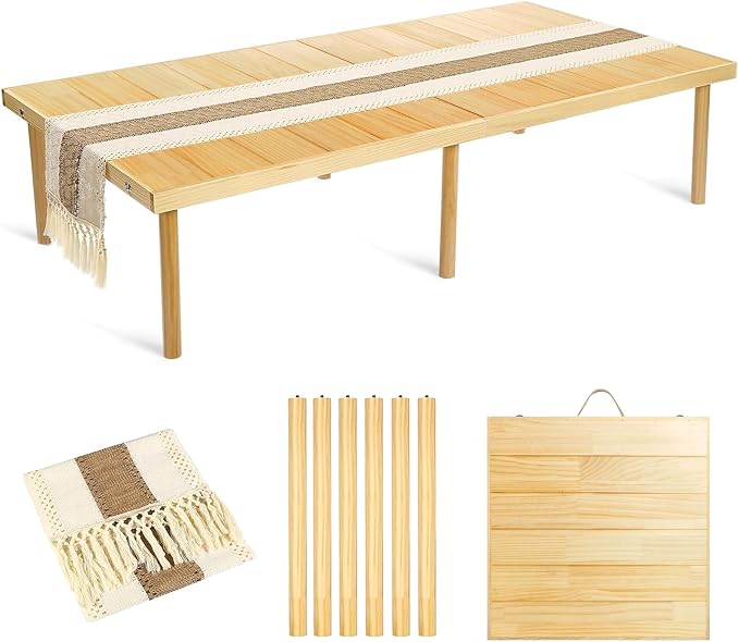 Folding Picnic Table with Table Runner, 60 * 30in Wooden Picnic Table for Outdoors, Boho Low Coffee Table for Sitting on The Floor, Suitable for Beach, Park, Garden, Camping, Travel(Natural)