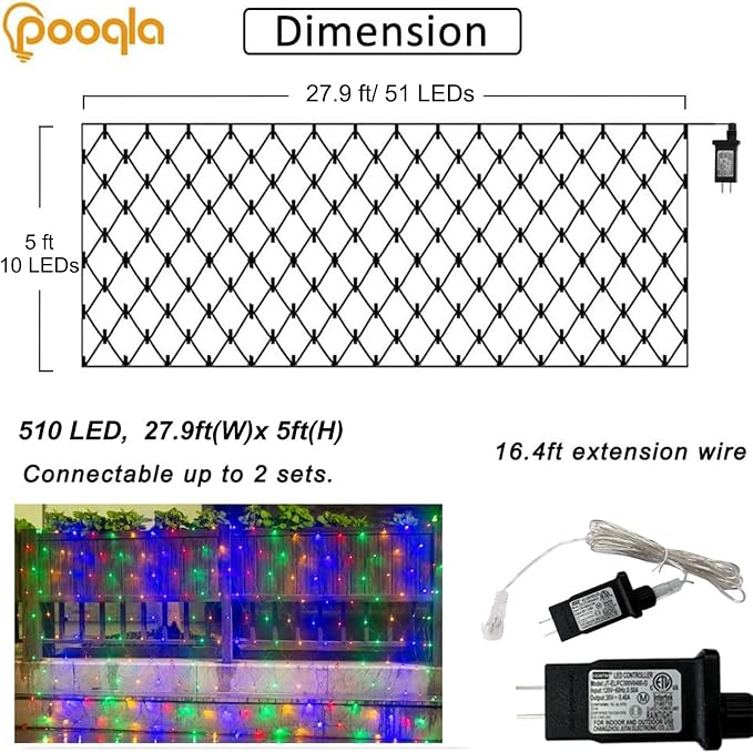 Colorful Net Lights, 28x 5ft Christmas Lights Outdoor Clear Wire | 510 LED Large Net Mesh Lights Plug in, 8 Modes Waterproof Connectable Bushes Lights for Christmas Hedge Yard Decor