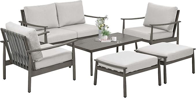 HAPPATIO Patio Outdoor Furniture Set - 6 Pieces Aluminum Outdoor Conversation Set with 1 Cushioned Loveseat, 2 Armchairs, 1 Coffee Table and 2 Ottomans for Yard, Porch, and Deck (Grey)