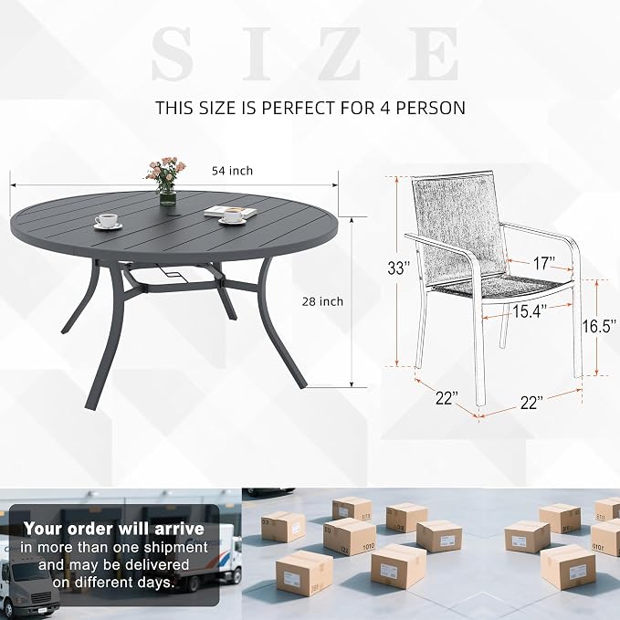 Anmutig Large 54 inch Patio Round Table and Chairs Furniture Set for Garden,Porch, Outdoor 6 Stackable Chairs with Cherry Red Textilene