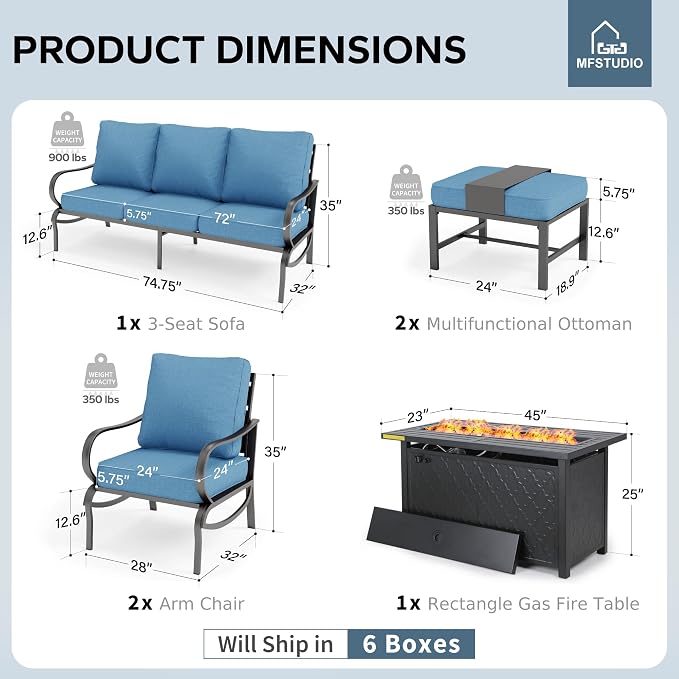 MFSTUDIO 6 Pieces Patio Furniture Sets with 45" Gas Fire Pit Table(Up to 7 Seat), Outdoor Metal Frame Patio Conversation Sofas with 1 x 3-Seat Sofa, 2 Sofa Chairs and 2 Ottoman, Navy Cushion