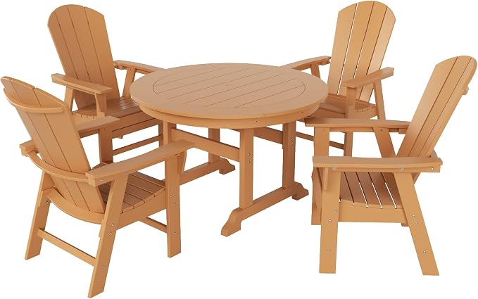 WestinTrends Malibu 5 Piece Adirondack Patio Dining Set, All Weather Poly Lumber Outdoor Table and Chairs Furniture Set, 47" Trestle Round Dining Table and 4 Adirondack Dining Chair, Teak