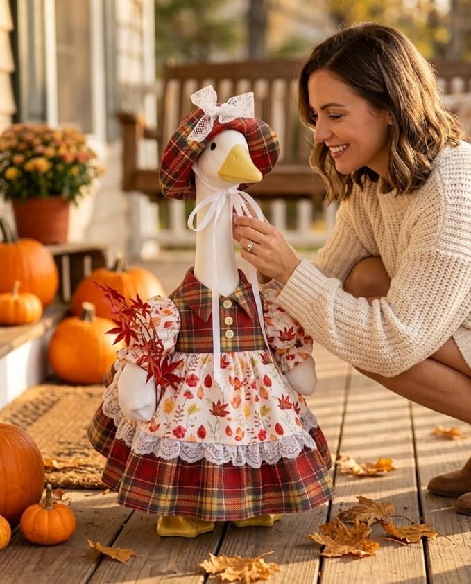 Fall Porch Goose Outfits, 23 Inch Geese Dress with Hat & Maple Leaf | Porch goose thanksgiving outfits for cement goose. Autumn yard decor clothes, thoughtful gift for mom grandma.