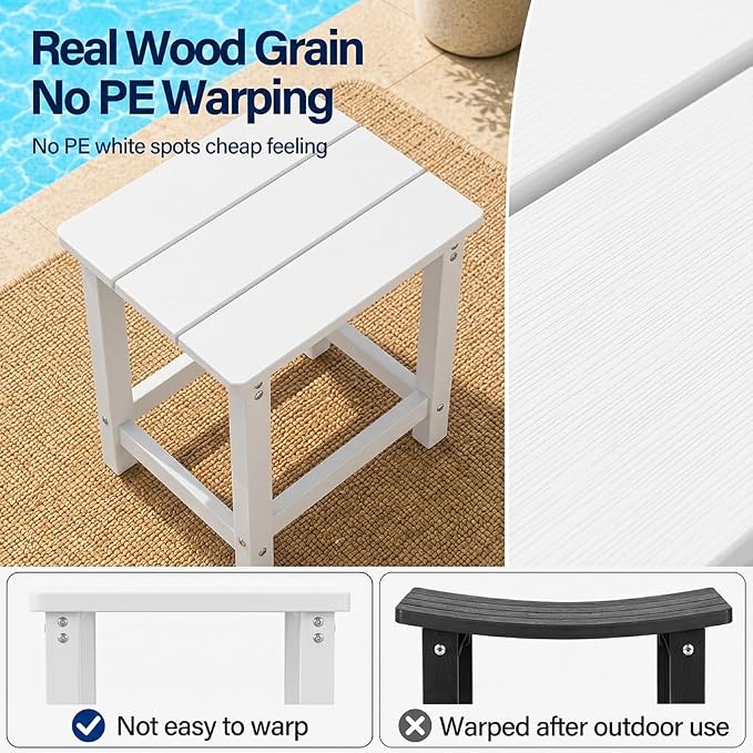 MXIMU Outdoor Side Table for Patio: Heavy-Duty Sturdy Warp Resistant Adirondack Table - Wood Grain Finish Outdoor End Tables - Easy Assembly & Low Maintenance Patio Side Table White