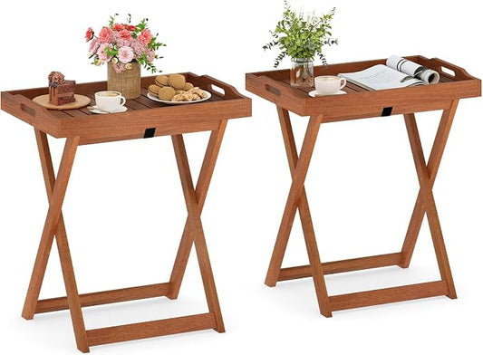 HAPPYGRILL Outdoor Wood Tray Table Folding Patio Side Table with Removable Top, Portable Bistro Table for Garden Backyard Balcony Poolside (2)