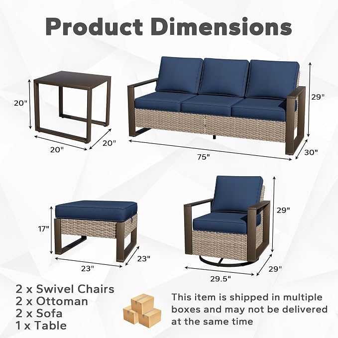 Outdoor Patio Swivel Rocker Chairs, 7 Pieces Wicker Furniture Set, 2 Swivel Rocking Chairs, 2 Sofa 2 Ottoman and 1 Table, Wide Armrest, Thick Cushions and Deep Seating for Garden, Backyard, Porch
