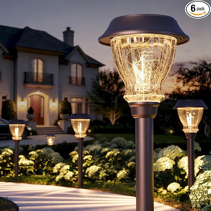 XMCOSY+ Solar Pathway Lights Outdoor, 6 Pack Warm White Landscape Lighting | Crackled Glass Solar Garden Lights, IP65 Waterproof, Soft 2700K LED, Auto On/Off Landscape Lights for Path, Yard, Walkway
