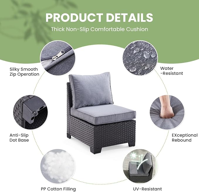 Soohow 7-Piece Patio Furiture Sofa Set, Outdoor Furniture with Corner Sofa, Ottoman, 3 Armless Chairs, One-Arm Sofa & Coffee Table, Water/Oil/Stain-Resistant Fabric (Dark Gray Cushion)