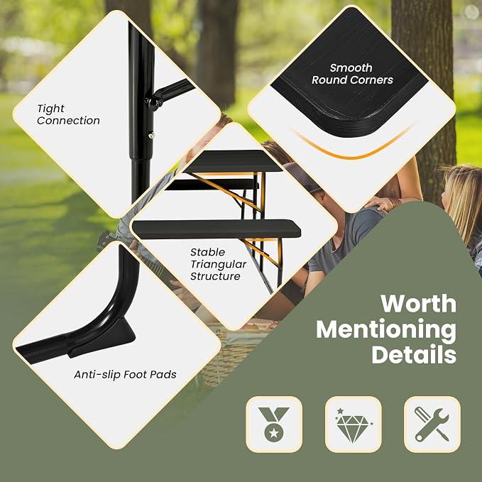 Moccha Folding Picnic Table - Portable Picnic Table with Benches, HDPE Tabletop, Metal Frame, Foldable Camping Table, Outdoor Dining Table Set for Garden Party BBQ Patio Table Bench Set (Black)
