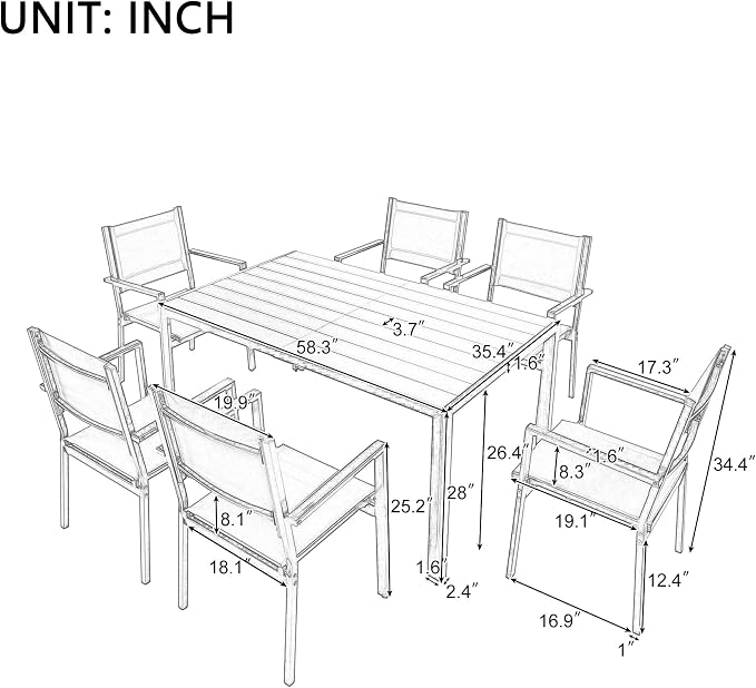 U-Style Steel Outdoor Table and Chair Set, 7 Piece Patio Dining Set for 6, Rectangular Balcony Table and Chairs, Suitable for Patio, Courtyard, Garden (Black)