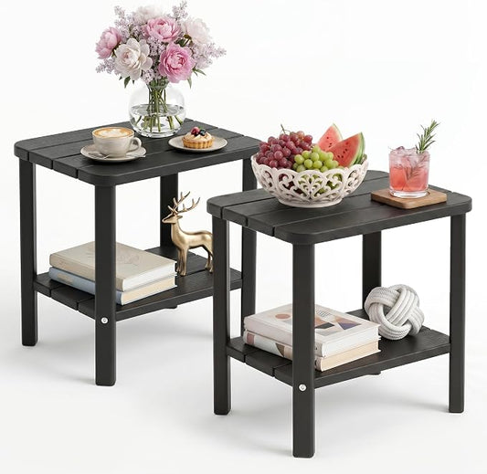 Outdoor Side Table，2PCS Small Table 2-Tier, Weather Resistant Outdoor End Tables, Patio Furniture for Garden, Porch, Pool, Lawn, Backyard or Indoor Bedroom