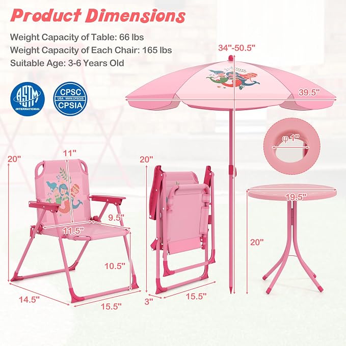 KOTEK Kids Picnic Table with Umbrella, Outdoor Table & 2 Folding Chairs, Cute Pattern Children’s Patio Furniture, Portable Kids Table and Chair Set for Backyard, Garden, Beach (Pink)