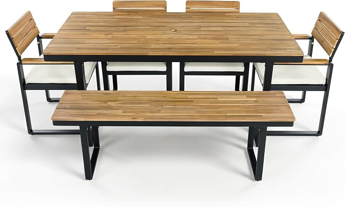 RUNNA Outdoor Dining Set, Acacia Wood,1 Table with 4 Chairs & 1 Bench for 6-7 Person,Comfortable Cushions on Chairs,Adjustable Feet, for Patio, Garden,Backyard Dining (Beige#55)