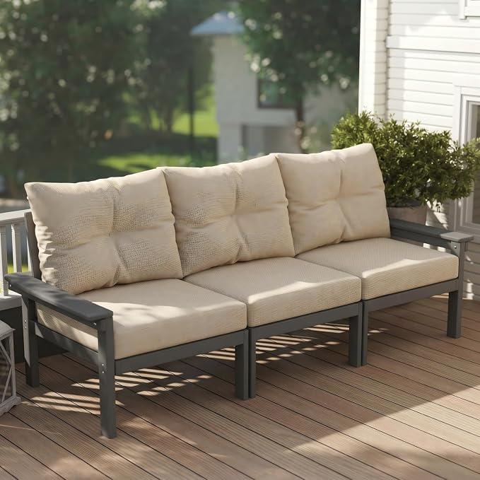 HDPE Patio Sofa Set, 3-Piece Sectional Outdoor Patio Furniture Set, All Weather Outdoor Couch Set with Beige Washable Thick Cushions for Lawn, Garden, Balcony, Porch (Grey Frame)
