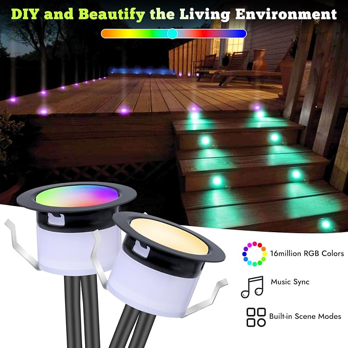LED Deck Lights Kit, 6pcs Φ1.22 WiFi Smart Phone Control Low Voltage Recessed RGBW Deck Lighting Waterproof Outdoor Yard Path Stair Decor, Black