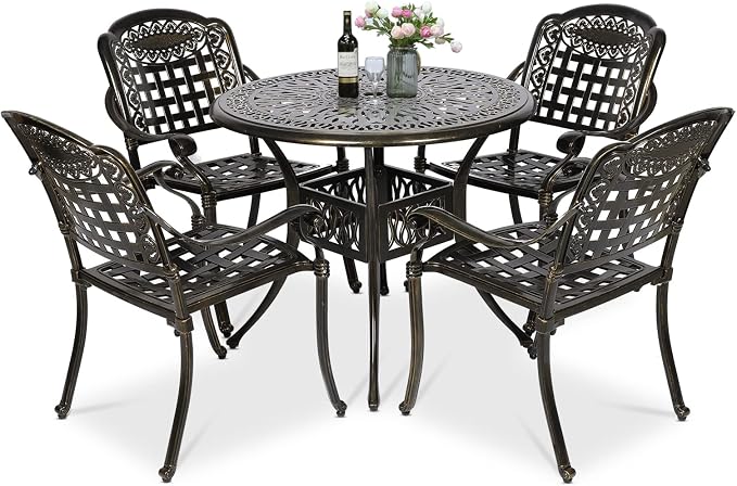 VIVIJASON 5-Piece Patio Furniture Dining Set, All-Weather Cast Aluminum Outdoor Conversation Set, Include 4 Chairs and a 35.4" Round Table w/Umbrella Hole for Balcony, Lawn, Garden, Backyard
